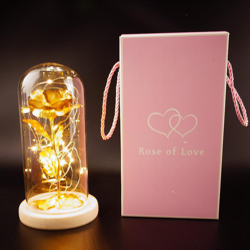 Gold eternal rose with fairy lights and gift box