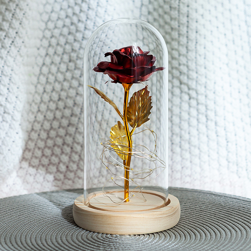 Red rose in a glass dome on a knit blanket